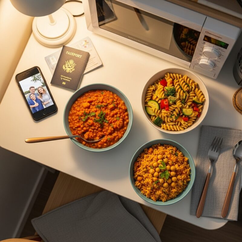 Three bowls of quick meals (lentil stew, pasta, rice) on a small table next to a microwave, phone, and passport.
