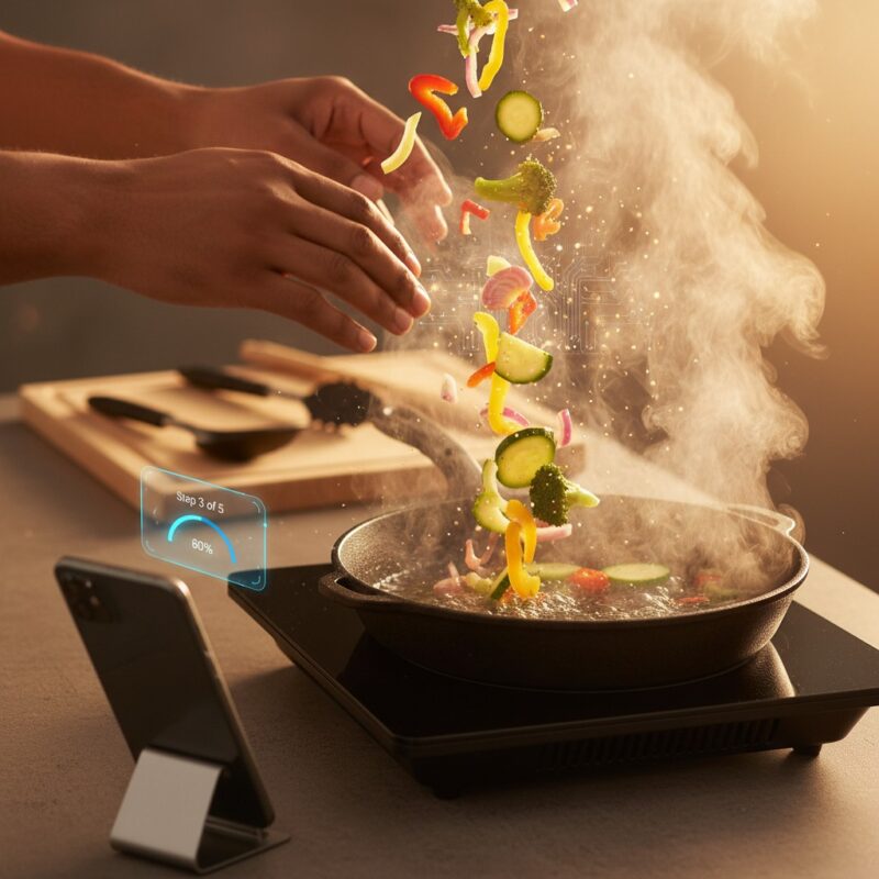 Student preparing quick affordable stir-fry recipe following AI-generated cooking instructions in small kitchen space.