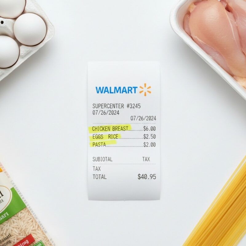 Actual Walmart receipt showing 40 dollar grocery haul for student weekly meal plan with itemized prices.