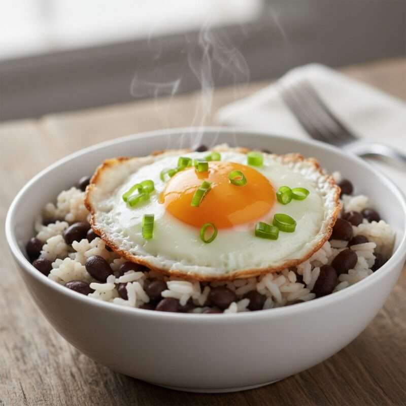 Affordable rice and beans bowl topped with fried egg, complete budget meal for students under two dollars.