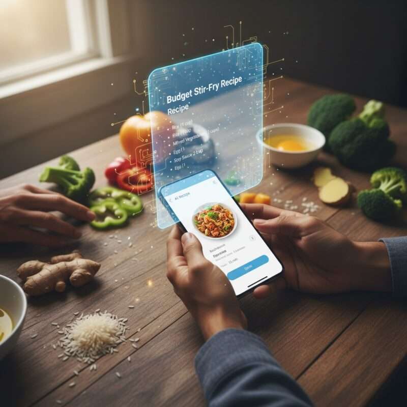 AI recipe card generator app interface displaying ingredient list and cooking instructions for budget-conscious students cooking abroad.