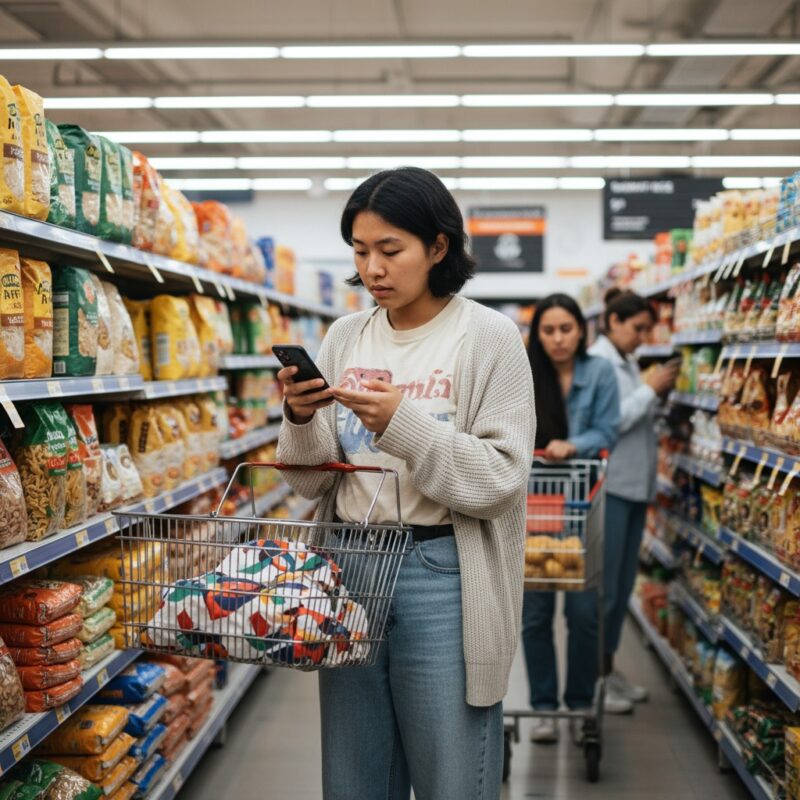 International student grocery shopping with list for 50 dollar weekly budget meal plan