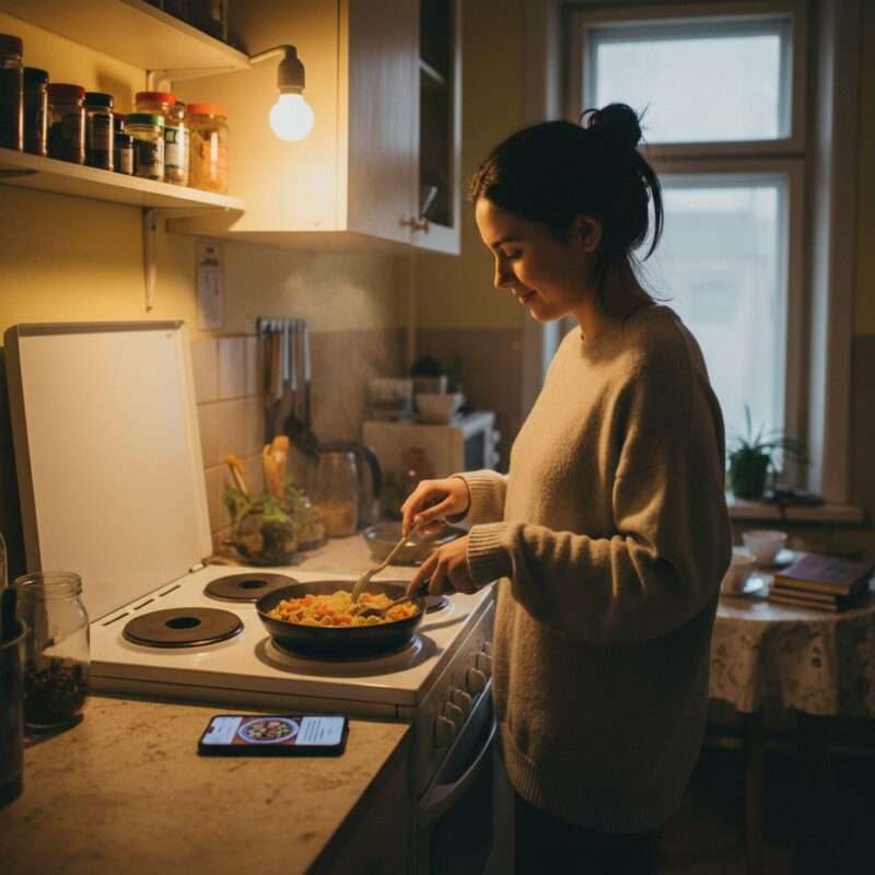 Young international student preparing budget-friendly meal under $2 in modest apartment kitchen with smartphone recipe guide.