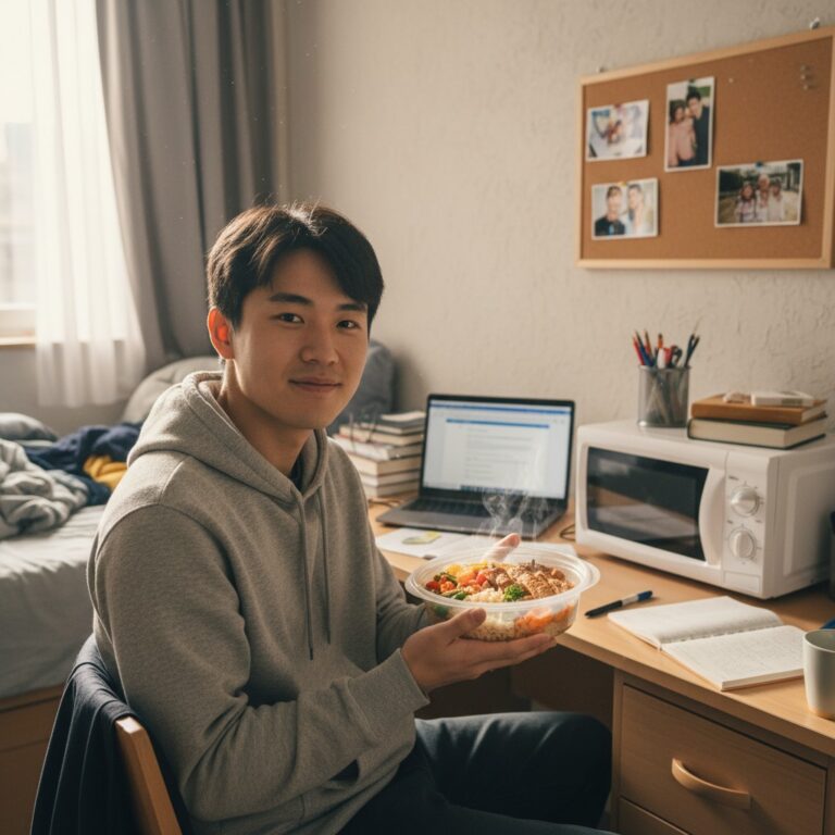 Young student preparing easy microwave cooking meal in small dorm room with microwave and study materials visible.