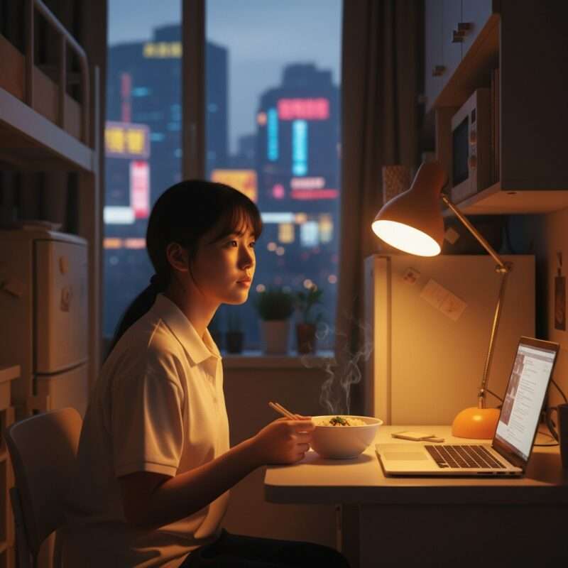 International student eating homemade microwave rice bowl alone in small dorm room apartment showing affordable cooking for migrants and students studying abroad.