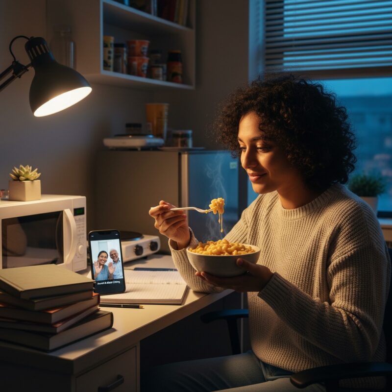 International student eating homemade microwave pasta while video calling family showing comfort and connection for students living abroad