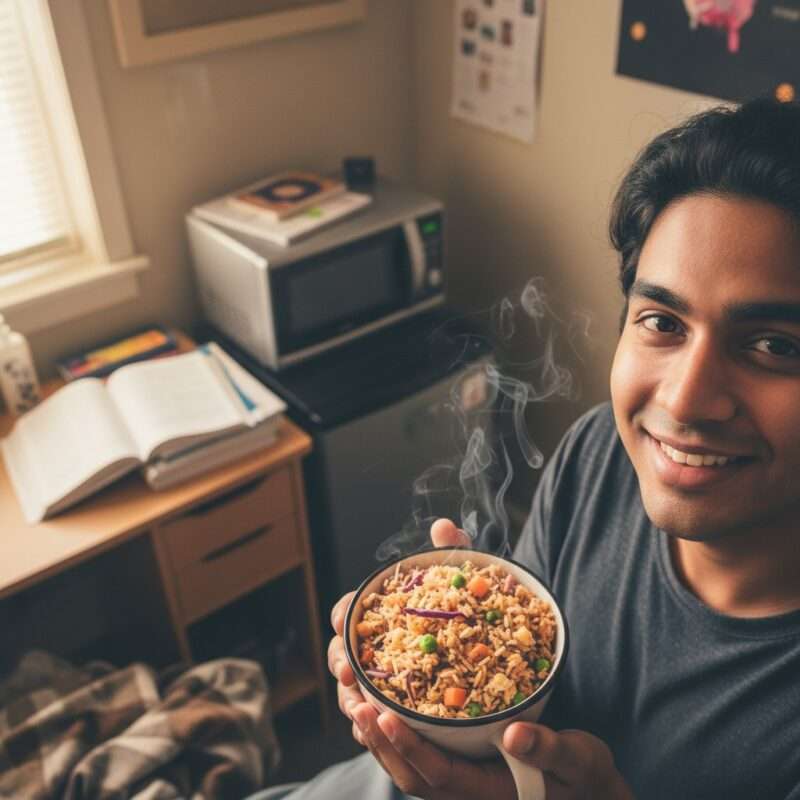 International student holding quick 15 minute microwave meal in dorm, easy microwave recipes for students studying abroad.
