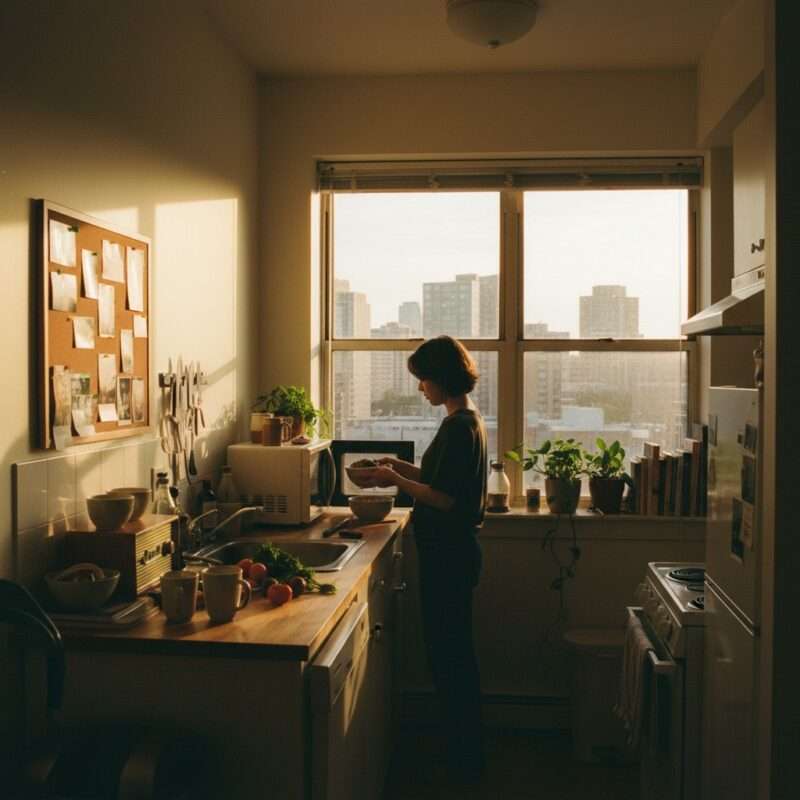 Homestyle microwave rice bowl with egg and vegetables, comfort food recipe for students abroad.