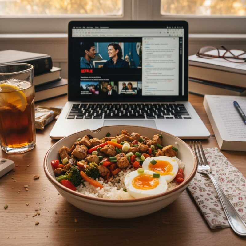 Easy rice bowl recipe for students with chicken egg vegetables under 3 dollars meal prep
