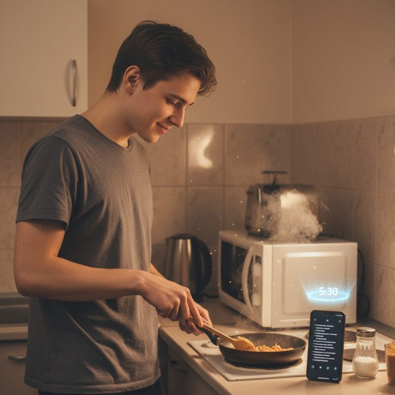 Migrant student cooking homemade budget meal while following AI-generated recipe card in small apartment kitchen.