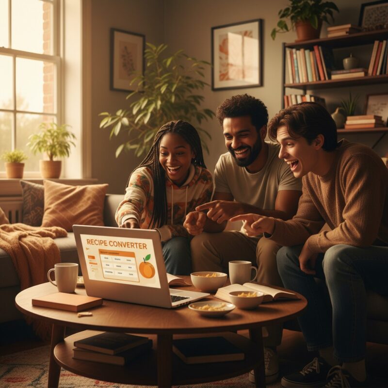 International students using recipe serving size converter together to cook and share meals, community cooking.