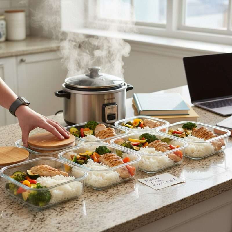 : Weekly meal prep containers filled with chicken and rice ready for a busy work week during Ramadan.