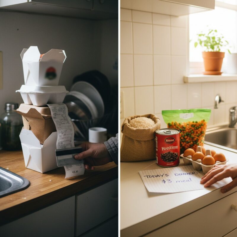 Visual cost breakdown comparing expensive takeout versus affordable microwave cooking meals showing monthly savings for students.