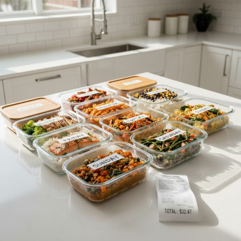Week of microwave meal prep in containers with grocery receipt showing budget savings.