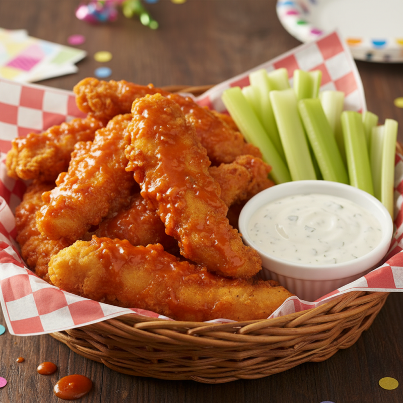 Crispy breaded buffalo chicken strips in basket with celery sticks and ranch dipping sauce on red checkered paper.