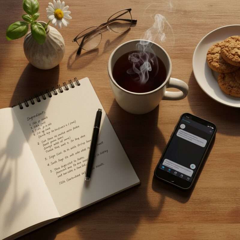 Cozy workspace with tea and notepad ready for recipe questions.