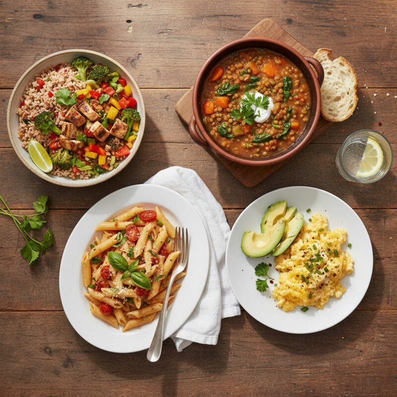 Colorful microwave-cooked dishes arranged on a kitchen table.