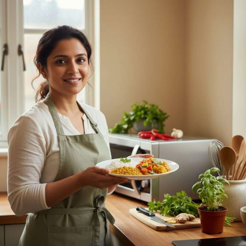 Lylun Nahar in her kitchen holding a plate of microwave-cooked food.