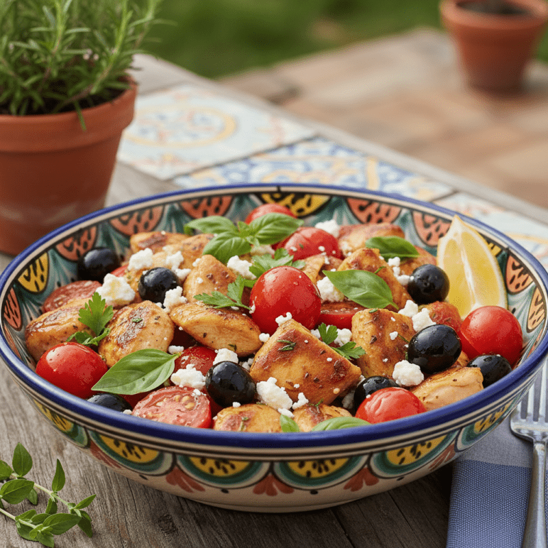  Mediterranean chicken with cherry tomatoes, black olives, feta cheese, and fresh basil in decorative bowl with lemon wedge.