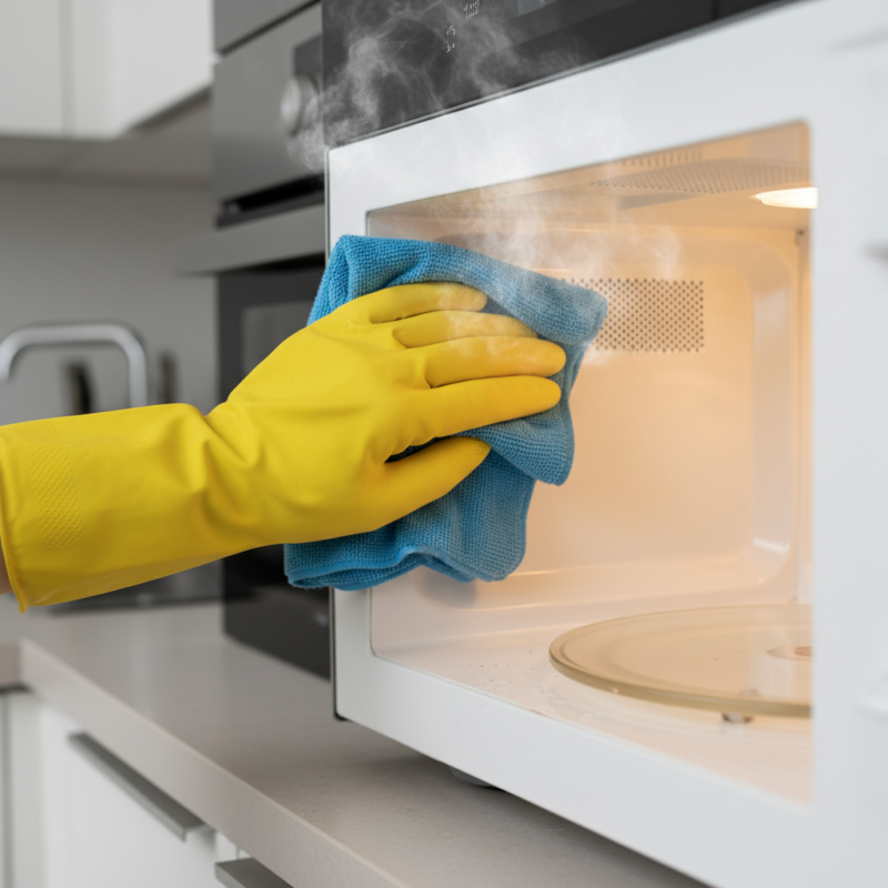 Easily wiping away loosened grime from a steamed microwave interior with a cloth.
