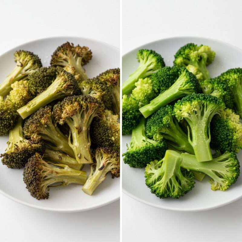 Comparison showing overcooked versus perfectly microwaved vegetables using ring heating method