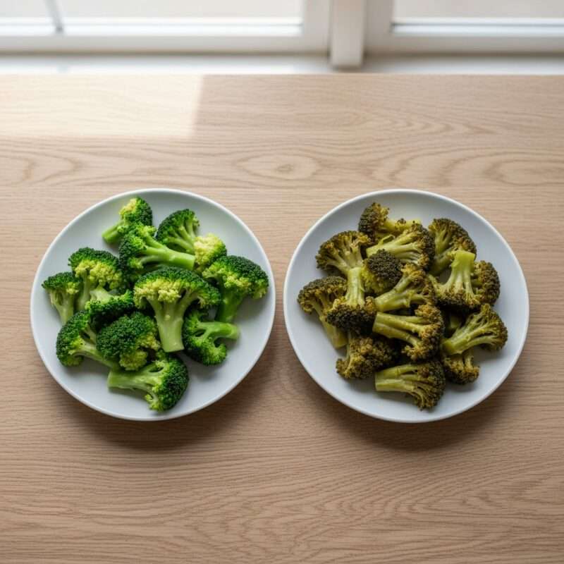 Microwave versus stove cooked vegetables showing color difference and texture in cooking comparison study