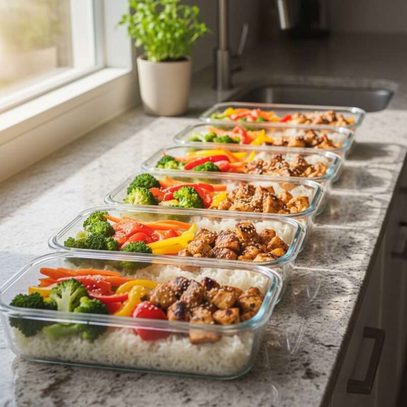 Five prepared fitness-friendly chicken rice bowls in glass containers showing affordable meal prep for international students