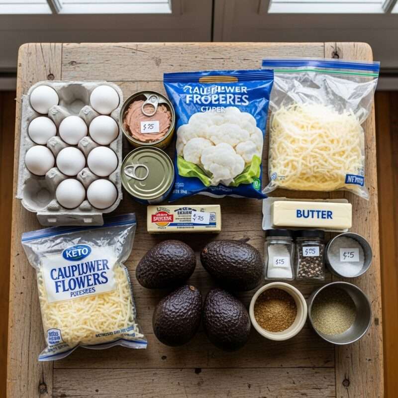 Affordable keto meal ingredients including eggs, canned tuna, frozen vegetables, and cheese for quick microwave meals for students studying abroad.