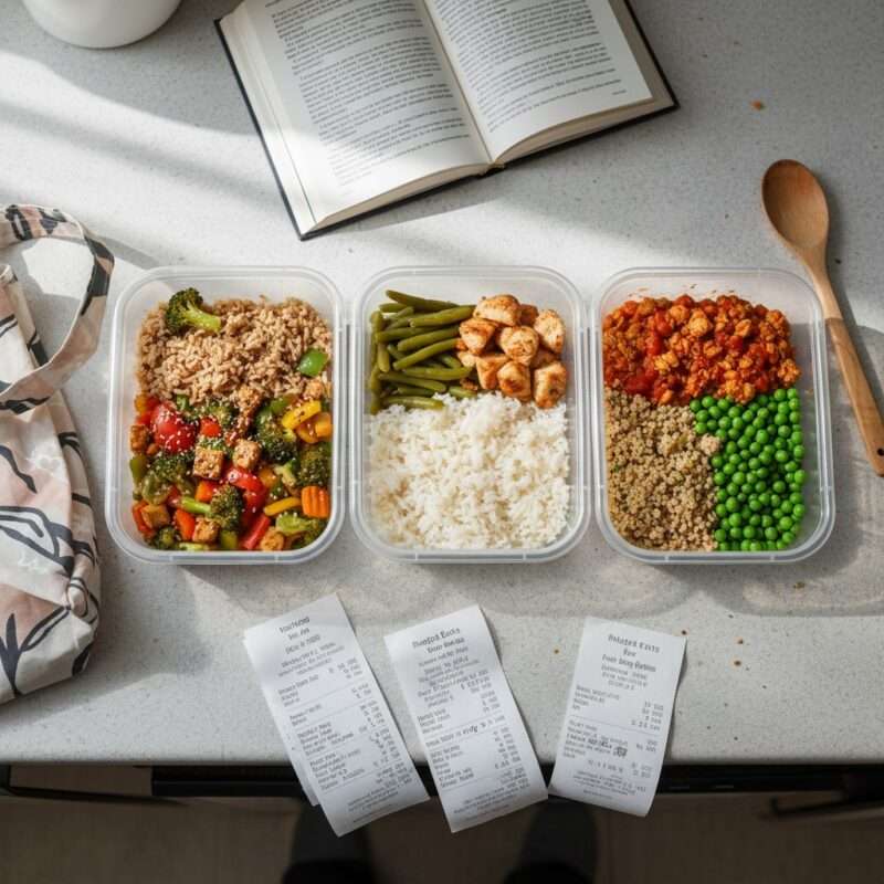 Affordable meal prep containers with batch-cooked budget meals for busy students abroad, weekly meal planning for migrant workers