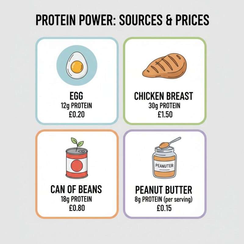 Budget-friendly protein sources infographic showing grams of protein and cost per serving for international students using fitness calculators