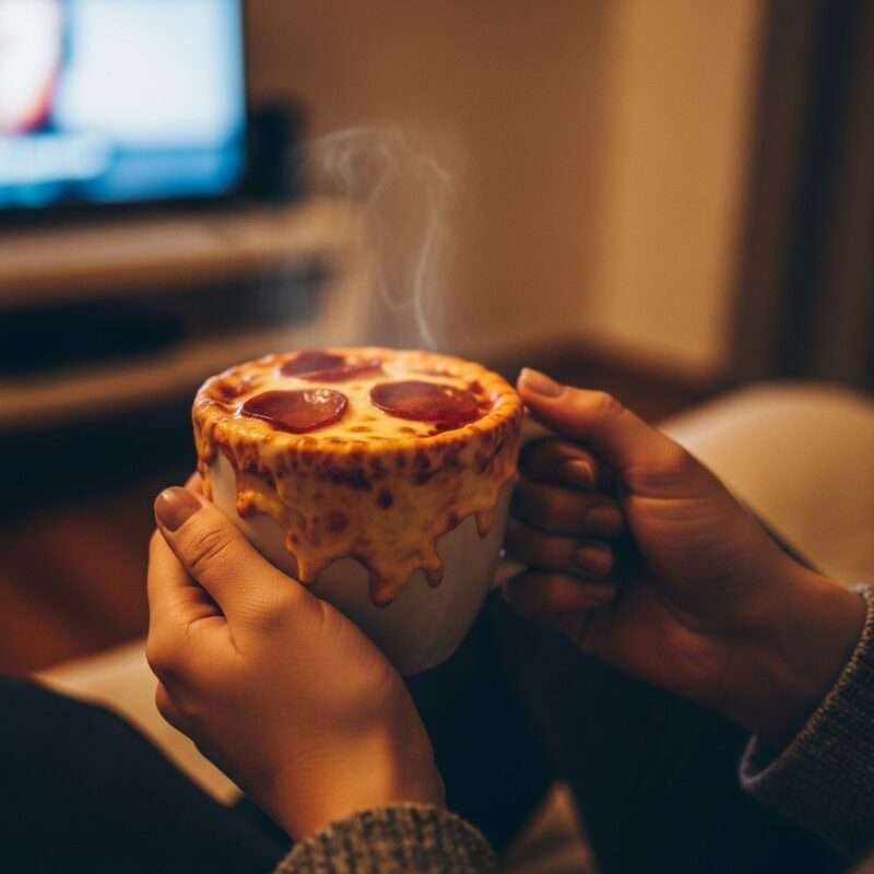Microwave pizza in a mug with melted cheese and pepperoni, quick comfort food keto meal for lonely nights abroad and solo dinners.