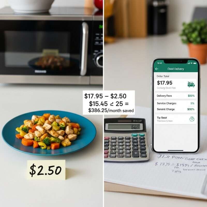 Cost comparison showing microwave low carb meal costs $2.50 versus $18 food delivery, demonstrating savings for international students and migrant workers on limited budgets,