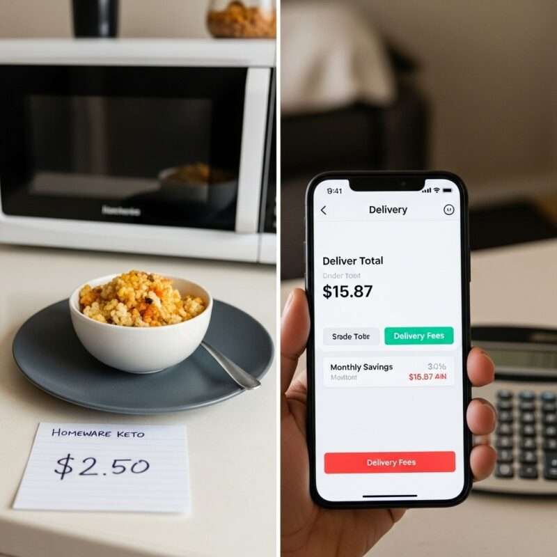 Cost comparison showing microwave keto meal at $2.50 versus $15 takeout delivery, illustrating savings for students and migrant workers on tight budgets.