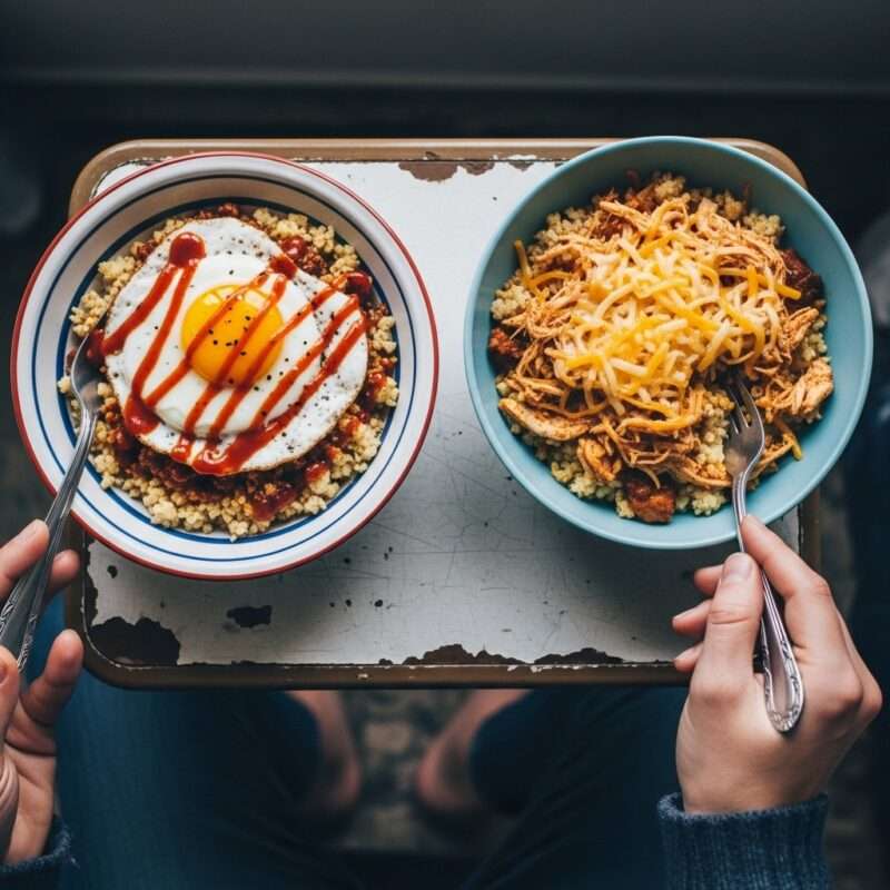 Two variations of easy microwave cauliflower rice bowls with chicken and eggs, showing versatile keto meal options for students and workers abroad.