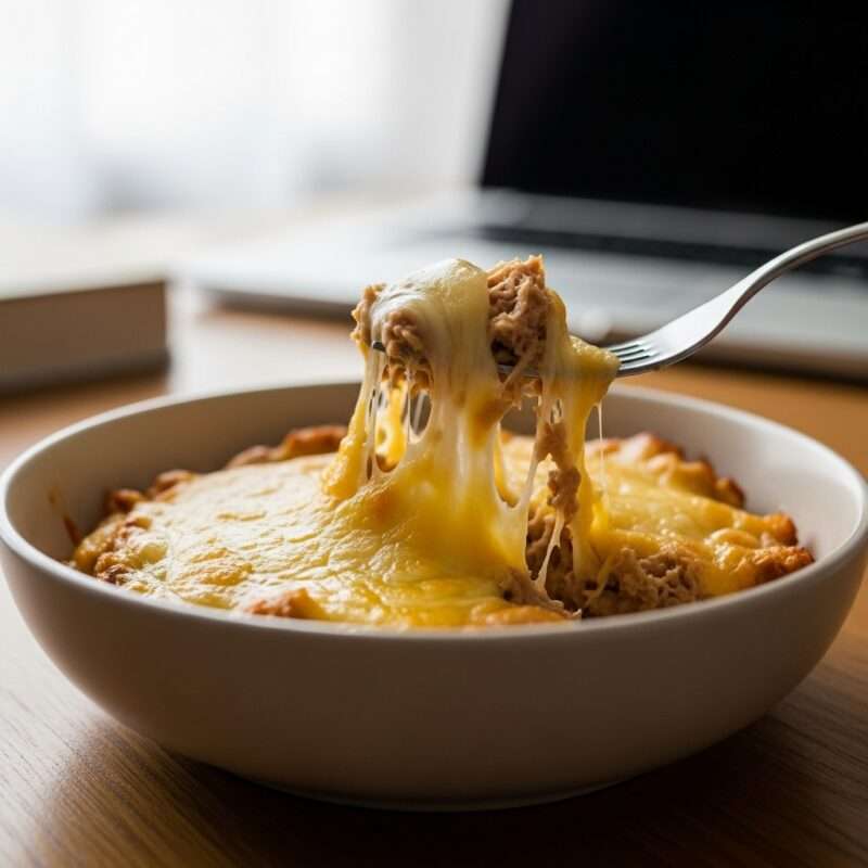 Microwave tuna melt bowl with melted cheese, quick 5-minute keto meal for international students and migrant workers with minimal cooking equipment.