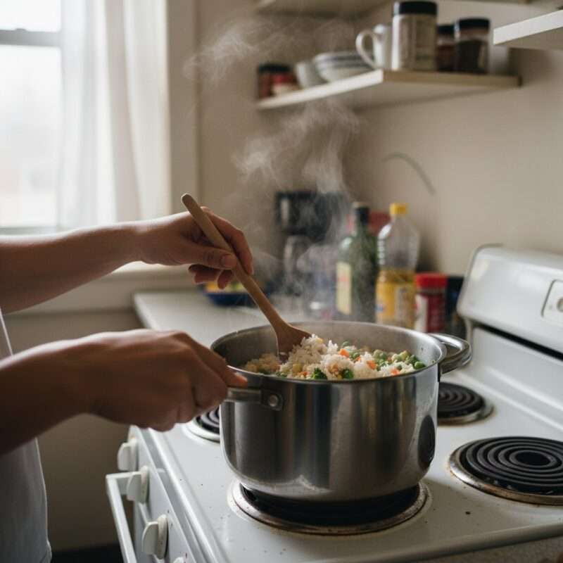 Student cooking simple one-pot chicken rice meal, easy meal prep for international students using meal plan calculator