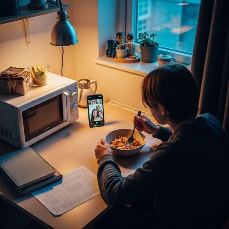 Person practicing self-care by eating homemade low carb microwave meal alone, representing resilience and self-compassion for migrant workers and international students far from home.