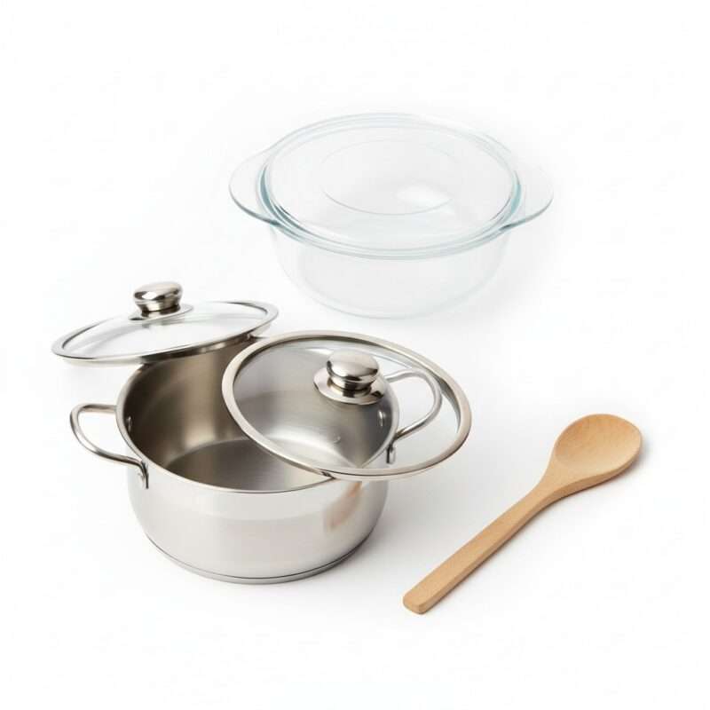 Basic cooking equipment for students abroad including microwave-safe bowl and stovetop pot for budget cooking comparison