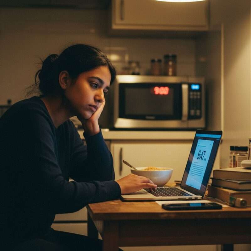 Tired international student cooking with microwave at night showing time-saving cooking comparison for busy students abroad