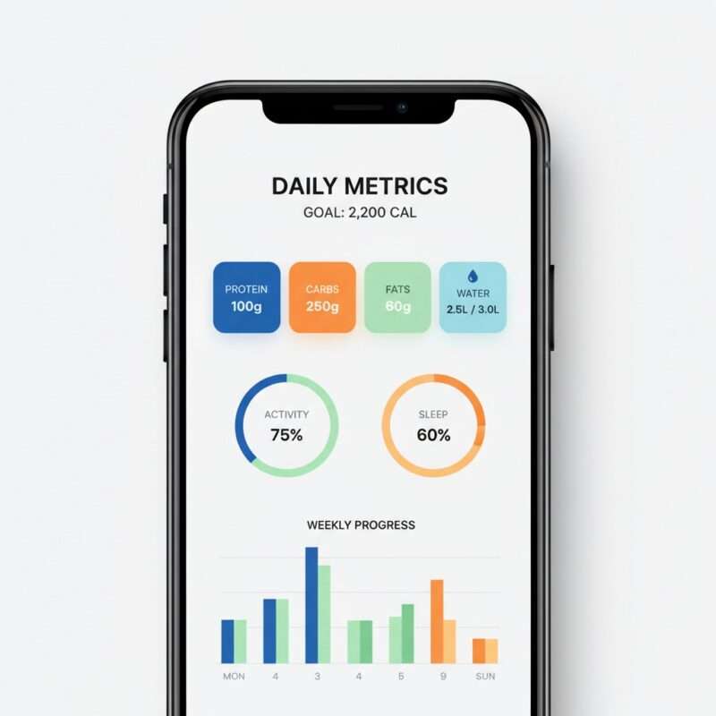 Fitness calculator mobile app displaying personalized daily calorie needs, macronutrient targets, and protein requirements for students