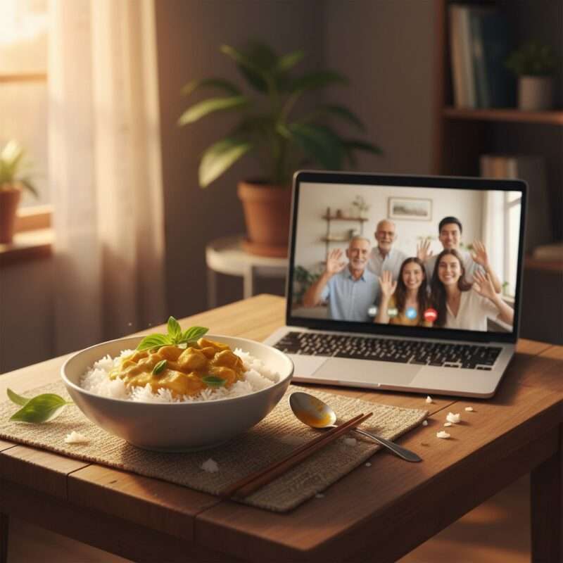 International student enjoying nutritious home-style microwave meal while video calling family