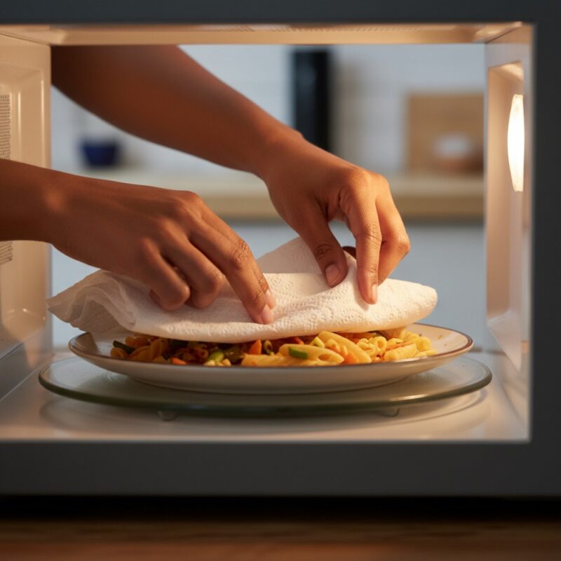 Proper technique covering microwave food with damp paper towel for nutrient preservation