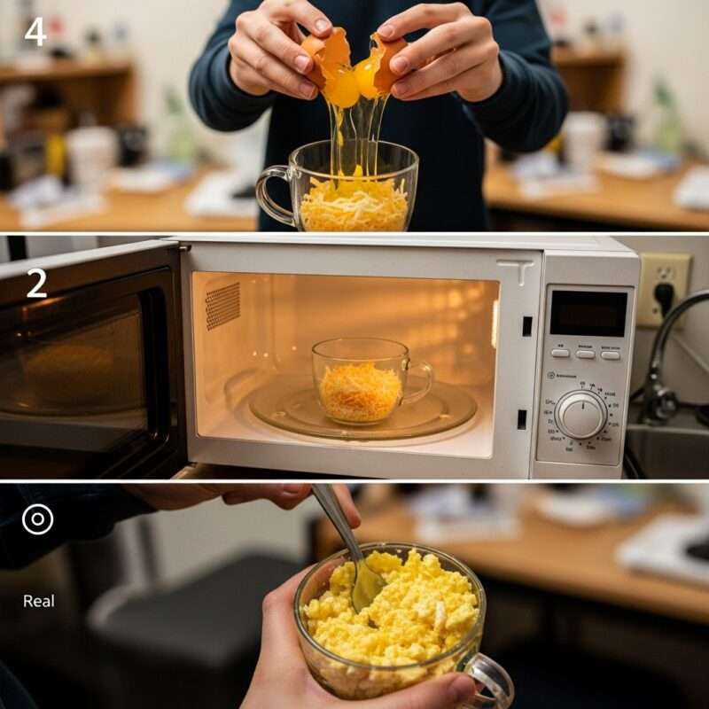 Step-by-step guide for making quick microwave egg scramble, easy keto breakfast for busy students and workers abroad in small kitchens.