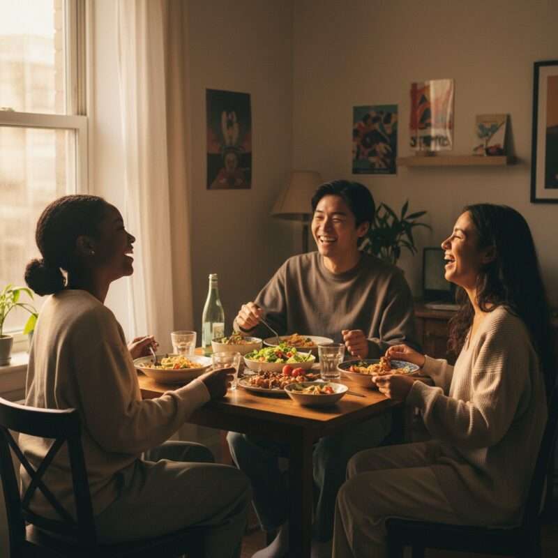 Migrant workers and international students sharing affordable homemade meals together, community meal planning and budget cooking abroad