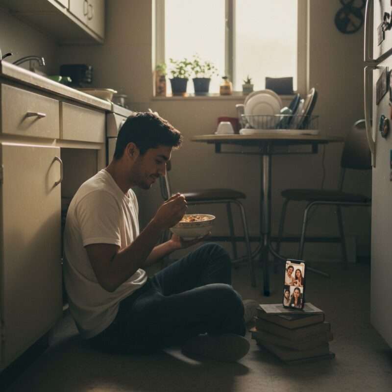 Migrant worker eating homemade meal while video calling family showing emotional reality of cooking abroad and homesickness