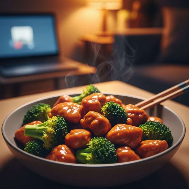 Microwave chicken and broccoli with Asian-style sauce, low carb comfort food recipe reminding students abroad of home-cooked meals and family dinners.