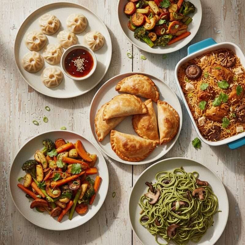 Various international comfort foods prepared using healthy microwave techniques for students abroad