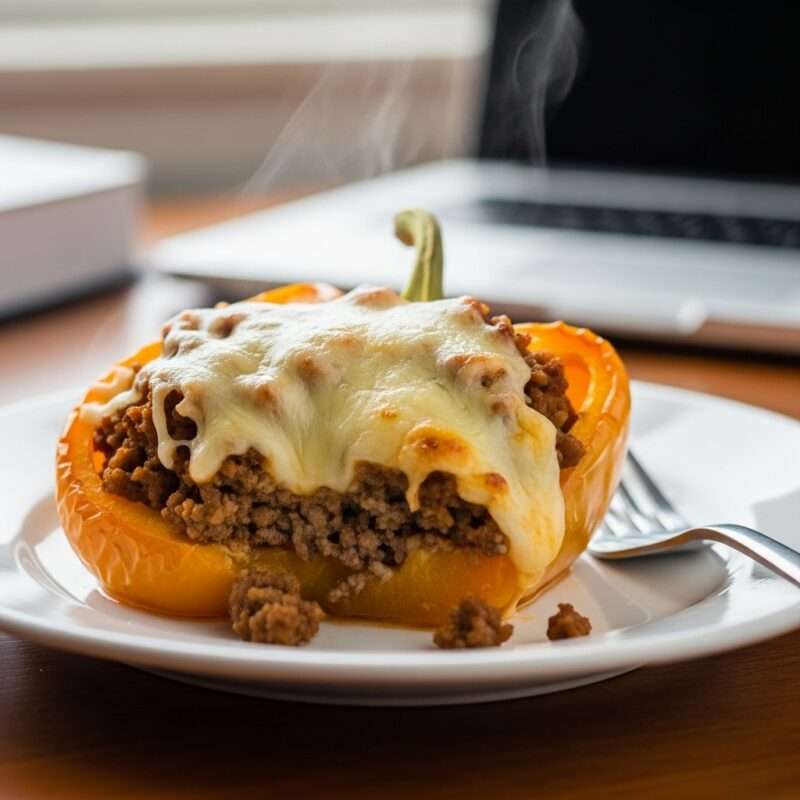 Microwave stuffed bell pepper with ground meat and melted cheese, easy 10-minute low carb meal for international students and workers with minimal cooking equipment.
