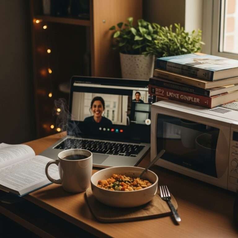 Student eating quick microwave keto meal at dorm desk while video calling family, showing simple healthy dinner for migrant workers and international students.