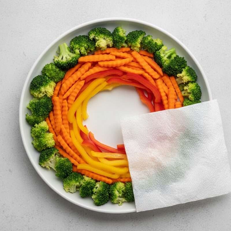 Vegetables arranged in ring shape on plate for even microwave heating to preserve nutrients